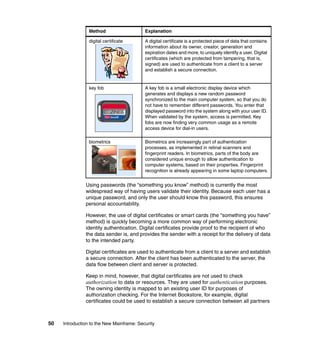 50 Introduction to the New Mainframe: Security
Using passwords (the “something you know” method) is currently the most
widespread way of having users validate their identity. Because each user has a
unique password, and only the user should know this password, this ensures
personal accountability.
However, the use of digital certificates or smart cards (the “something you have”
method) is quickly becoming a more common way of performing electronic
identity authentication. Digital certificates provide proof to the recipient of who
the data sender is, and provides the sender with a receipt for the delivery of data
to the intended party.
Digital certificates are used to authenticate from a client to a server and establish
a secure connection. After the client has been authenticated to the server, the
data flow between client and server is protected.
Keep in mind, however, that digital certificates are not used to check
authorization to data or resources. They are used for authentication purposes.
The owning identity is mapped to an existing user ID for purposes of
authorization checking. For the Internet Bookstore, for example, digital
certificates could be used to establish a secure connection between all partners
digital certificate A digital certificate is a protected piece of data that contains
information about its owner, creator, generation and
expiration dates and more, to uniquely identify a user. Digital
certificates (which are protected from tampering, that is,
signed) are used to authenticate from a client to a server
and establish a secure connection.
key fob A key fob is a small electronic display device which
generates and displays a new random password
synchronized to the main computer system, so that you do
not have to remember different passwords. You enter that
displayed password into the system along with your user ID.
When validated by the system, access is permitted. Key
fobs are now finding very common usage as a remote
access device for dial-in users.
biometrics Biometrics are increasingly part of authentication
processes, as implemented in retinal scanners and
fingerprint readers. In biometrics, parts of the body are
considered unique enough to allow authentication to
computer systems, based on their properties. Fingerprint
recognition is already appearing in some laptop computers.
Method Explanation
 