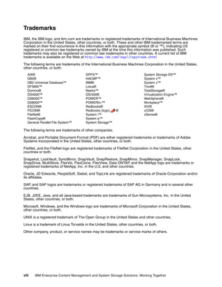 viii IBM Enterprise Content Management and System Storage Solutions: Working Together
Trademarks
IBM, the IBM logo, and ibm.com are trademarks or registered trademarks of International Business Machines
Corporation in the United States, other countries, or both. These and other IBM trademarked terms are
marked on their first occurrence in this information with the appropriate symbol (® or ™), indicating US
registered or common law trademarks owned by IBM at the time this information was published. Such
trademarks may also be registered or common law trademarks in other countries. A current list of IBM
trademarks is available on the Web at http://www.ibm.com/legal/copytrade.shtml
The following terms are trademarks of the International Business Machines Corporation in the United States,
other countries, or both:
AIX®
DB2®
DB2 Universal Database™
DFSMS™
Domino®
DS4000™
DS6000™
DS8000™
ESCON®
FICON®
FileNet®
FlashCopy®
General Parallel File System™
GPFS™
HACMP™
IBM®
Lotus®
Nextra™
OS/400®
POWER™
POWER5+™
Redbooks®
Redbooks (logo) ®
System i™
System p™
System Storage™
System Storage DS™
System x™
System z™
Tivoli®
TotalStorage®
Virtualization Engine™
WebSphere®
Workplace™
XIV®
z/OS®
zSeries®
The following terms are trademarks of other companies:
Acrobat, and Portable Document Format (PDF) are either registered trademarks or trademarks of Adobe
Systems Incorporated in the United States, other countries, or both.
FileNet, and the FileNet logo are registered trademarks of FileNet Corporation in the United States, other
countries or both.
Snapshot, LockVault, SyncMirror, SnapVault, SnapRestore, SnapMirror, SnapManager, SnapLock,
SnapDrive, MultiStore, FlexVol, FlexClone, FilerView, Data ONTAP, and the NetApp logo are trademarks or
registered trademarks of NetApp, Inc. in the U.S. and other countries.
Oracle, JD Edwards, PeopleSoft, Siebel, and TopLink are registered trademarks of Oracle Corporation and/or
its affiliates.
SAP, and SAP logos are trademarks or registered trademarks of SAP AG in Germany and in several other
countries.
EJB, J2EE, Java, and all Java-based trademarks are trademarks of Sun Microsystems, Inc. in the United
States, other countries, or both.
Microsoft, Windows, and the Windows logo are trademarks of Microsoft Corporation in the United States,
other countries, or both.
UNIX is a registered trademark of The Open Group in the United States and other countries.
Linux is a trademark of Linus Torvalds in the United States, other countries, or both.
Other company, product, or service names may be trademarks or service marks of others.
 