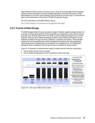 Chapter 5. Storage products overview and matrix 87
Export Network Copy involves a one-time copy or move of the virtual tape when the backup
software has sent an export command (backup application command that issues a SCSI
Move Medium to I/O Slot). Export Network Copy provides for one-time copy or move after the
eject, but the destination is the remote TS7520 Virtualization Engine.
For more information on the IBM TS7520, refer to:
http://www.redbooks.ibm.com/abstracts/sg247520.html?Open
5.2.3 N series Unified Storage
The IBM Storage System N series provides a range of reliable, scalable storage solutions for
a variety of storage requirements. These capabilities are achieved by using network access
protocols such as NFS, CIFS, HTTP and iSCSI as well as SAN technologies such as Fibre
Channel. Utilizing built-in RAID technologies all data is well protected with options to add
additional protection through mirroring, replication, snapshots and backup. These storage
systems are also characterized by simple management interfaces that make installation,
administrating and troubleshooting uncomplicated and straightforward. The IBM System
Storage N series is designed from the ground up as a standalone storage system.
Figure 5-10 illustrates a comprehensive range of models and two N Series model types:
The A models contain internal storage.
The G models are gateways and are connected to external storage.
Figure 5-10 The range of IBM N Series models
N5600
504TB
N5200
84TB
N7700
840TB
N7900
1,176TB
N5500
168TB
N5300
336TB
N5200
Gateway
N5300
Gateway
N5500
Gateway
N5600
Gateway
N7700
Gateway
N7900
Gateway
N3700
16TB
N3300
68TB
N3600
104TB
N series system offer*
Network Protocols:
NAS, iSCSI, FC SAN ..…
simultaneously
Single Operating system
System management tools
Storage management tools
Multiple RAID levels …
including double parity
High availability features …
hot swap and redundancy
Disk Drives: SAS, FC & SATA,
multiple disk sizes & speeds
… intermixed on all systems**
Non-erasable, Non-rewritable
data protection
45+ advanced software
features and functions *
Gateways – extend IP community and N series functionality by creating a virtualized N series environment
Support for IBM, EMC, HP, Hitachi , 3Par,and Fujitsu storage systems
* Gateways, N3300, N3600 support a subset of N series software ** SAS drives supported currently only on the N3300 and N3600
 