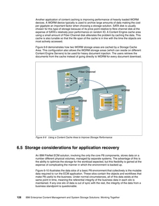 128 IBM Enterprise Content Management and System Storage Solutions: Working Together
Another application of content caching is improving performance of heavily loaded WORM
devices. A WORM device typically is used to archive large amounts of data making the cost
per gigabyte an important factor when choosing a storage solution. SATA disk is usually
chosen for this type of storage because of its price point relative to fibre channel disk at the
expense of SATA’s relatively poor performance on random IO. A Content Engine cache area
using a small amount of Fiber Channel disk alleviates the problem by caching the data. This
cache is also tunable so that the life span of the cache is in line with the time the objects are
most actively accessed.
Figure 6-9 demonstrates how two WORM storage areas are cached by a Storage Cache
Area. This configuration also allows the WORM storage areas (which can reside on different
Content Engine Servers) to be used for heavy document injection. The users retrieve the
documents from the cache instead of going directly to WORM for every document download.
Figure 6-9 Using a Content Cache Area to Improve Storage Performance
6.5 Storage considerations for application recovery
An IBM FileNet ECM solution, involving the only the core P8 components, stores data on a
number different physical volumes, managed by separate systems. The advantage of this is
the ability to optimize the storage for the workload expected, but this flexibility is gained at the
expense of complicating the manner in which the environment is backed up.
Figure 6-10 illustrates the data silos of a basic P8 environment that collectively is the mutable
data required to run the ECM application. These silos contain the objects and workflows that
make P8 useful to the business. Under normal circumstances, all of this data exists at the
same point in time, meaning the referential integrity of the business data in each silo is
maintained. If any one silo of data is out of sync with the rest, the integrity of the data from a
business standpoint is questionable.
Fiber Channel
WORM
WORM
 
