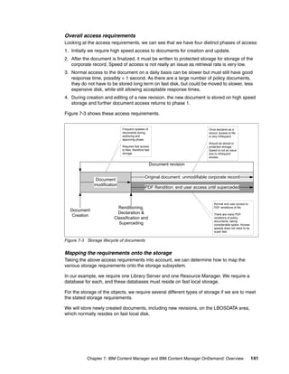 Chapter 7. IBM Content Manager and IBM Content Manager OnDemand: Overview 141
Overall access requirements
Looking at the access requirements, we can see that we have four distinct phases of access:
1. Initially we require high speed access to documents for creation and update.
2. After the document is finalized, it must be written to protected storage for storage of the
corporate record. Speed of access is not really an issue as retrieval rate is very low.
3. Normal access to the document on a daily basis can be slower but must still have good
response time, possibly < 1 second. As there are a large number of policy documents,
they do not have to be stored long term on fast disk, but could be moved to slower, less
expensive disk, while still allowing acceptable response times.
4. During creation and editing of a new revision, the new document is stored on high speed
storage and further document access returns to phase 1.
Figure 7-3 shows these access requirements.
Figure 7-3 Storage lifecycle of documents
Mapping the requirements onto the storage
Taking the above access requirements into account, we can determine how to map the
various storage requirements onto the storage subsystem.
In our example, we require one Library Server and one Resource Manager. We require a
database for each, and these databases must reside on fast local storage.
For the storage of the objects, we require several different types of storage if we are to meet
the stated storage requirements.
We will store newly created documents, including new revisions, on the LBOSDATA area,
which normally resides on fast local disk.
Document
Creation
Document
modification
Renditioning,
Declaration &
Classification and
Superceding
Original document: unmodifiable corporate record
PDF Rendition: end user access until superceded
Document revision
Normal end user access to
PDF renditions of file.
There are many PDF
renditions of policy
documents, taking
considerable space. Access
speeds does not need to be
super fast.
Frequent updates of
documents during
authoring and
approving phase.
Requires fast access
to files, therefore fast
storage.
Once declared as a
record, access to file
is very infrequent.
Should be stored in
protected storage.
Speed is not an issue
due to infrequent
access.
 