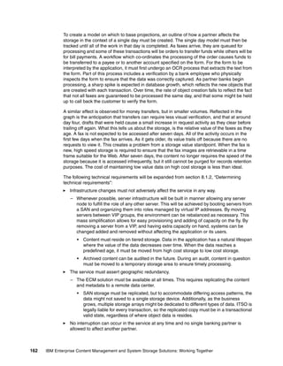 162 IBM Enterprise Content Management and System Storage Solutions: Working Together
To create a model on which to base projections, an outline of how a partner affects the
storage in the context of a single day must be created. The single day model must then be
tracked until all of the work in that day is completed. As faxes arrive, they are queued for
processing and some of these transactions will be orders to transfer funds while others will be
for bill payments. A workflow which co-ordinates the processing of the order causes funds to
be transferred to a payee or to another account specified on the form. For the form to be
interpreted by the application, it must first undergo an OCR process that extracts the text from
the form. Part of this process includes a verification by a bank employee who physically
inspects the form to ensure that the data was correctly captured. As partner banks begin
processing, a sharp spike is expected in database growth, which reflects the new objects that
are created with each transaction. Over time, the rate of object creation falls to reflect the fact
that not all faxes are guaranteed to be processed the same day, and that some might be held
up to call back the customer to verify the form.
A similar effect is observed for money transfers, but in smaller volumes. Reflected in the
graph is the anticipation that transfers can require less visual verification, and that at around
day four, drafts that were held cause a small increase in request activity as they clear before
trailing off again. What this tells us about the storage, is the relative value of the faxes as they
age. A fax is not expected to be accessed after seven days. All of the activity occurs in the
first few days when the fax arrives. As it gets older, its value trails off because there are no
requests to view it. This creates a problem from a storage value standpoint. When the fax is
new, high speed storage is required to ensure that the fax images are retrievable in a time
frame suitable for the Web. After seven days, the content no longer requires the speed of the
storage because it is accessed infrequently, but it still cannot be purged for records retention
purposes. The cost of maintaining low value data on high cost storage is less than ideal.
The following technical requirements will be expanded from section 8.1.2, “Determining
technical requirements”:
Infrastructure changes must not adversely affect the service in any way.
– Whenever possible, server infrastructure will be built in manner allowing any server
node to fulfill the role of any other server. This will be achieved by booting servers from
a SAN and organizing them into roles managed by virtual IP addresses. By moving
servers between VIP groups, the environment can be rebalanced as necessary. This
mass simplification allows for easy provisioning and adding of capacity on the fly. By
removing a server from a VIP, and having extra capacity on hand, systems can be
changed added and removed without affecting the application or its users.
• Content must reside on tiered storage. Data in the application has a natural lifespan
where the value of the data decreases over time. When the data reaches a
predefined age, it must be moved from high cost storage to low cost storage.
• Archived content can be audited in the future. During an audit, content in question
must be moved to a temporary storage area to ensure timely processing.
The service must assert geographic redundancy.
– The ECM solution must be available at all times. This requires replicating the content
and metadata to a remote data center.
• SAN storage must be replicated, but to accommodate differing access patterns, the
data might not saved to a single storage device. Additionally, as the business
grows, multiple storage arrays might be dedicated to different types of data. ITSO is
legally liable for every transaction, so the replicated copy must be in a transactional
valid state, regardless of where object data is resides.
No interruption can occur in the service at any time and no single banking partner is
allowed to affect another partner.
 