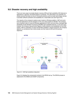 182 IBM Enterprise Content Management and System Storage Solutions: Working Together
9.8 Disaster recovery and high availability
There are many ways to provide disaster recovery (DR) and high availability (HA) features to
applications in general, and ECM systems in particular. The case below is an example of a
simple scenario that does not rely on third party solutions such as cluster technology; and yet,
it provides sufficient protection and availability for a reasonable cost (see Figure 9-4).
The majority of the company’s systems were hosted on Windows platform. SAP and some
financial applications are the exception to this rule, being hosted on OS/400. The company
has a long-term plan to move its Windows applications to AIX, and once there, leverage High
Availability Cluster Multiple Processing (HACMP) high availability features. In the short term,
however, the company required some degree of data protection and availability for the ECM
system. After an evaluation of costs and benefits available in several scenarios, the company
opted for an architecture that is fairly simple, but that meets its DR and HA business
objectives.
Figure 9-4 ECM high availability configuration.
Figure 9-4 displays the components involved in the DR/HA set up. The DR/HA process is
explained for the CMOD and CSSAP components.
Cache
System
System
Cache
Database / Logs
Database
CMOD
Data
CMOD
CMOD
Data
SAP
ACTIVE
Archive
Load
SAP
Archive
SAP
Archive
CSSAP
System
Load
CSSAP
System
CSSAP
PASSIVE
Default
Failover
ACCESS
Accounts Receivable
Application
CMOD
&
CSSAP
(Secondary)
 
