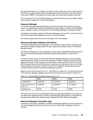 Chapter 10. Case Study III: E-mail archiving 197
One proactive solution is to configure the system so that, rather than have a single large Full
Text Index, we create several smaller indexes based upon the date the e-mail was received
in the users “INBOX”. For example, we could create an index for each Quarter in the year.
The e-mail Search for CommonStore application supports searching across multiple indexes
split via date to support the 1 TB recommendation.
Resource Manager
The Content Manager Resource Manager component manages the storage of the actual
e-mail. It is responsible for determining whether the object ought to reside in the LBOSDATA
area, or whether it ought to be handed off to Tivoli Storage Manager to manage the object.
A database is required to support the Resource Manager, but it is small in comparison to the
size of the Library Server database and of the e-mails themselves.
The major storage requirement is for the storage of the e-mail objects.
Resource Manager database and indexes
The Content Manager Resource Manager is the component responsible for managing and
recording the physical storage location of every object that has been stored in the Content
Manager system.
The Resource Manager is a Java application running within a WebSphere Application server
that uses the Resource Manager database, typically a DB2 database, to keep track of
objects.
As with the Library Server, the size of the Resource Manager database is overwhelmingly
determined by the number of e-mails that have been archived, meaning that the size of the
database will grow in direct proportion to the number e-mails archived for the first 10 years.
After ten years, the archive will still continue to grow but at a reduced rate due to old e-mails
being purged from the system. Similarly, the size of the database indexes will grow as the
number of objects stored in the Resource Manager increases.
Based on the e-mail volumes from 10.2.1, “Volumetrics” on page 187, an estimate for the size
of the Resource Manager database over the first three years is summarized in Table 10-4.
Table 10-4 Resource Manager database sizing for years 1 to 3
Remember that we will not be replicating the Resource Manager database at the disk level
but rather at the application level, and the Content Manager administrator is responsible for
choosing what subset of the objects must be replicated to other Resource Managers.
Resource Manager transaction logs
As with the Library Server database, the Resource Manager database must be configured to
use archive logging so that we can recover to a point in time after a database restore or
recovery.
Year1 Year2 Year3
e-mails stored 65,000,000 71,500,000 78,650,000
Total e-mails stored at
year end
65,000,000 136,500,000 215,150,000
Database size 39 GB 43 GB 48 GB
 