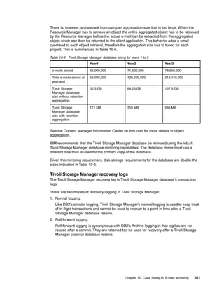Chapter 10. Case Study III: E-mail archiving 201
There is, however, a drawback from using an aggregation size that is too large. When the
Resource Manager has to retrieve an object the entire aggregated object has to be retrieved
by the Resource Manager before the actual e-mail can be extracted from the aggregated
object which can then be returned to the client application. This behavior adds a small
overhead to each object retrieval, therefore the aggregation size has to tuned for each
project. This is summarized in Table 10-6.
Table 10-6 Tivoli Storage Manager database sizing for years 1 to 3
See the Content Manager Information Center on ibm.com for more details in object
aggregation.
IBM recommends that the Tivoli Storage Manager database be mirrored using the inbuilt
Tivoli Storage Manager database mirroring capabilities. The database mirror must use a
different disk than is used for the primary copy of the database.
Given the mirroring requirement, disk storage requirements for the database are double the
sizes indicated in Table 10-6.
Tivoli Storage Manager recovery logs
The Tivoli Storage Manager recovery log is Tivoli Storage Manager database’s transaction
logs.
There are two modes of recovery logging in Tivoli Storage Manager.
1. Normal logging:
Like DB2’s circular logging, Tivoli Storage Manager’s normal logging is used to keep track
of in-flight transactions and cannot be used to recover to a point in time after a Tivoli
Storage Manager database restore.
2. Roll forward logging:
Roll forward logging is synonymous with DB2’s Archive logging in that logfiles are not
reused after a commit. They are retained too be used for recovery after a Tivoli Storage
Manager crash or database restore.
Year1 Year2 Year3
e-mails stored 65,000,000 71,500,000 78,650,000
Total e-mails stored at
year end
65,000,000 136,500,000 215,150,000
Tivoli Storage
Manager database
size without retention
aggregation
32.5 GB 68.25 GB 107.5 GB
Tivoli Storage
Manager database
size with retention
aggregation
171 MB 359 MB 566 MB
 