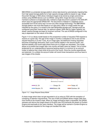 Chapter 11. Case Study IV: Online banking services - Using Image Manager for bank drafts 213
IBM DR550 is a protected storage platform where data tiered by automatically migrating files
from high speed storage platforms to high capacity storage platforms based on age. Single
Document Storage or SDS allows individual images to be stored as single autonomous
entities using WORM devices such as DR550. Using SDS, Image Services no longer
maintains surfaces to encapsulate data. Instead a single document is passed to the SDS API
which class the appropriate DR550 API. The document is indexed in a database and is
accessible from IS the same way it is from any other storage technology. The IBM DR550
storage platform will move files based on an age policy. When an image meets the age
indicated by the policy, it is moved to the next designated storage pool. Storage pools are
configured using fiber channel disk, for optimum speed, SATA disk for higher capacity, but
slower nearline storage and tape for long term archival. The use of DR550 configured in this
way is dependent on the nature of the data.
Figure 11-2 is a decay model based on the prospective number of requests ITSO expects to
receive on a given day. The age of the image in months is indicated on the X axis and the
request frequency is on the Y axis. As an image ages, the likelihood of being requested
becomes increasingly diminutive. Each curve inclines slightly in the second month, and
declines steadily until month eight where there are no images are requested. This model
allows us to predict that images after nine months will likely never be viewed. This is further
evidenced by our understanding of personal banking where it is common for an account
holder to balance their check book at the end of the month. Once the months expenditures
are balanced, it is unlikely the account holder will revisit those transactions and thus have to
see images of the checks.
Figure 11-2 Image Request Decay Model
A check image which does not get requested is of no value to ITSO with the exception of
complying of retention requirements. The use of SDS and DR550 allows images older than
nine months to be moved to tape. When an image archived to tape is requested, the DR550
retrieves and returns the image stream to IS which over CFS transmits the stream to Content
Engine and eventually to the users interface. The image will be cached in Content Engine so
that subsequent requests for the image are handled from disk.
0
200
400
600
800
1 2 3 4 5 6 7 8 9
M ont hs S inc e Tr a nsc t ion
LA, CA Orange, CA Tempe, AZ
Houston, TX Boston, MA Columbus, GA
 
