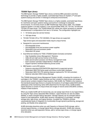 84 IBM Enterprise Content Management and System Storage Solutions: Working Together
TS3500 Tape Library
The IBM System Storage TS3500 Tape Library combines IBM automation and drive
technology to provide a highly scalable, automated tape library for System z™ and open
systems backup and archive in midrange to enterprise environments.
The IBM System Storage TS3500 Tape Library is a highly scalable, automated tape library
for mainframe and open systems backup and archive in midrange to enterprise
environments. It is formerly known as IBM TotalStorage Tape Library 3584. The TS3500
supports System z nd open systems. It can accommodate 3592 J1A, TS1120, TS1030 and
TS1040 LTO tape drives. The TS3500 Model HA1 allows two robotic accessors to operate
simultaneously in configurations from two to 16 frames. The configuration highlights are:
1 - 16 frames (plus two service frames)
1 - 192 tape drives
TS1030 TS1040 LTO or TS1120/3592 J1A tape drives are supported
Tape drives types and associated media require unique frames
Designed for concurrent maintenance
– Hot-swappable drives
– Hot-swappable drive and accessor power supplies
– Redundant drive and accessor power
– Redundant AC power
Dual Ethernet interface for TSSC (TS3500 System Console) connection
– High Availability Library Management / Robotics
– Adds left and right service frames to the library
– Adds second active accessor and library management node
– Each accessor operates independently in flexible zones
– Support dynamic workload balancing across zones
IBM System z and z/OS options
– Supports redundant ESCON/FICON attachment to supported servers
– Redundant 3953 F05 frame power and library control path interfaces
– Redundant 3953 F05 VTS switches features (optional for TS1120 controller)
– Optional redundant 3953 Library Manager
The TS3500 Advanced Library Management System (ALMS), virtualizes the locations of
cartridges in the TS3500. Logical libraries can then consist of unique drives and ranges of
volume serial numbers instead of fixed locations. With ALMS, the TS3500 is the industry’s
first standards-based tape library to virtualize the locations of cartridges (called SCSI element
addresses) while maintaining native SAN attachment for the tape drives. ALMS enables
logical libraries to consist of unique drives and ranges of volume serial (VOLSER) numbers,
instead of fixed locations.
When you enable ALMS with its license key, you can assign tape drives to any logical library
by using the Tape Library Specialist Web interface. Logical libraries can also be added,
deleted, or easily changed without disruption. Storage capacity can be changed without
impact to host applications. ALMS offers dynamic management of cartridges, cartridge
storage slots, tape drives, and logical libraries. It enables the TS3500 to achieve
unprecedented levels of integration for functionality through dynamic partitioning, storage slot
pooling, and flexible drive assignment.
ALMS eliminates downtime when you add Capacity on Demand (CoD) storage, add or
remove logical libraries, or change logical library storage allocation. ALMS also reduces
downtime when you add expansion frames, add or remove tape drives, or change logical
drive allocation.
 