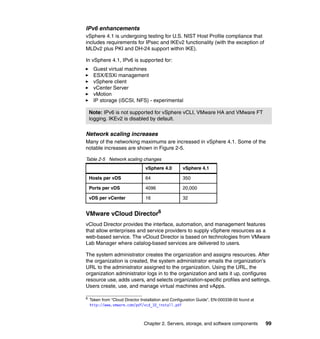 IPv6 enhancements
vSphere 4.1 is undergoing testing for U.S. NIST Host Profile compliance that
includes requirements for IPsec and IKEv2 functionality (with the exception of
MLDv2 plus PKI and DH-24 support within IKE).

In vSphere 4.1, IPv6 is supported for:
      Guest virtual machines
      ESX/ESXi management
      vSphere client
      vCenter Server
      vMotion
      IP storage (iSCSI, NFS) - experimental

    Note: IPv6 is not supported for vSphere vCLI, VMware HA and VMware FT
    logging. IKEv2 is disabled by default.

Network scaling increases
Many of the networking maximums are increased in vSphere 4.1. Some of the
notable increases are shown in Figure 2-5.

Table 2-5 Network scaling changes
                                 vSphere 4.0         vSphere 4.1

    Hosts per vDS                64                  350

    Ports per vDS                4096                20,000

    vDS per vCenter              16                  32


VMware vCloud Director6
vCloud Director provides the interface, automation, and management features
that allow enterprises and service providers to supply vSphere resources as a
web-based service. The vCloud Director is based on technologies from VMware
Lab Manager where catalog-based services are delivered to users.

The system administrator creates the organization and assigns resources. After
the organization is created, the system administrator emails the organization's
URL to the administrator assigned to the organization. Using the URL, the
organization administrator logs in to the organization and sets it up, configures
resource use, adds users, and selects organization-specific profiles and settings.
Users create, use, and manage virtual machines and vApps.

6
    Taken from “Cloud Director Installation and Configuration Guide”, EN-000338-00 found at
    http://www.vmware.com/pdf/vcd_10_install.pdf



                                Chapter 2. Servers, storage, and software components          99
 
