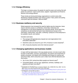 1.1.2 Energy efficiency
           The larger a company grows, the greater its need for power and cooling. But with
           power at a premium—and in some areas, capped—organizations are forced to
           become more energy efficient.

           These trends are forcing technology organizations to control costs while
           developing a flexible foundation from which to scale. In fact, power and cooling
           costs grew eight-fold between 1996 and 20083.


1.1.3 Business resiliency and security
           Global expansion has increased the need for tighter security measures. Users
           require real-time access to confidential, critical data. Enterprise risk
           management is now being integrated into corporate ratings. At the same time,
           companies are demanding that users have instantaneous access to this
           information, putting extra—and often, conflicting—pressure on the enterprise to
           be available, secure, and resilient.

           Consider some facts:
                The average US legal discovery request can cost organizations from
                $150,000 to $250,000.4
                Downtime costs can amount to up to 16% of revenue in some industries4 .
                84% of security breaches come from internal sources4 .


1.1.4 Changing applications and business models
           A major shift has taken place in the way people connect, not only to each other
           but also to information, services, and products. The actions and movements of
           people, processes, and objects with embedded technology are creating vast
           amounts of data, which consumers use to make more informed decisions and
           drive action.
                As of June, 2010, almost two billion people are Internet users5.
                Connected objects, such as cars, appliances, cameras, roadways, and
                pipelines will reach one trillion6.
           3
               Virtualization 2.0: The Next Phase in Customer Adoption. Doc. 204904 IDC, Dec. 2006 - from the
               IBM's Vision for the New Enterprise Data Center white paper
               http://www-05.ibm.com/innovation/nl/shapeyourfuture/pdf/New_Enterprise_Data_Center.pdf
           4
               CIO Magazine, Survey 2007 as cited in
               ftp://public.dhe.ibm.com/software/uk/itsolutions/optimiseit/energy-efficiency-solutions
               /1-new-enterprise-data-centre-ibm-s-vision-nedc.pdf
           5
                http://www.internetworldstats.com/stats.htm



                                                     Chapter 1. Drivers for a dynamic infrastructure       5
 