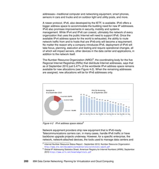 addresses—traditional computer and networking equipment, smart phones,
               sensors in cars and trucks and on outdoor light and utility posts, and more.

               A newer protocol, IPv6, also developed by the IETF, is available. IPv6 offers a
               bigger address space to accommodate the budding need for new IP addresses.
               IPv6 also promises improvements in security, mobility and systems
               management. While IPv4 and IPv6 can coexist, ultimately the network of every
               organization that uses the public Internet will need to support IPv6. Once the
               available IPv4 address space for the world is exhausted, the ability to route
               network traffic from and to hosts that are IPv6-only will become a requirement.
               No matter the reason why a company introduces IPv6, deployment of IPv6 will
               take focus, planning, execution and testing and require operational changes, all
               of which will impact servers, other devices in the data center and applications, in
               addition to the network itself.

               The Number Resource Organization (NRO)4, the coordinating body for the five
               Regional Internet Registries (RIRs) that distribute Internet addresses, says that
               as of September 2010 just 5.47% of the worldwide IPv4 address space remains
               available for new allocations (see Figure 4-2). When the remaining addresses
               are assigned, new allocations will be for IPv6 addresses only.




                    Available 8s                                                       IPv4 /8s Remaining
                    As of September 2010                                               As of September 2010
                                                                     62 62
                                                                             59
                                   ----- Unavailable 13.67%                       55
                                                                                       49 49
                                                                                               44 42
                                           ----- Available 5.47%                                     41 39 39
                                                                                                                34 32
                                                                                                                      30
                                                                                                                            26 26
                                                                                                                                    22
                                                                                                                                         16 14

                                            - ----Allocated 81.64%

                                                                     Mar Jun Sep Dec Mar Jun Sep DecMar Jun Sep Dec Mar Jun Sep Dec Mar Jun Sep




               Figure 4-2 IPv4 address space status5

               Network equipment providers ship new equipment that is IPv6-ready.
               Telecommunications carriers can, in many cases, handle IPv6 traffic or have
               backbone upgrade projects underway. However, for a specific enterprise, the
               network, network-attached devices, the tools used to manage data centers and
               4
                   Internet Number Resource Status Report - September 2010, Number Resource Organization
                   http://www.nro.net/documents/presentations/jointstats-sep10.pdf
               5
                   Global IP Addressing Statistics Sheet, American Registry for Internet Numbers (ARIN), September
                   2010 https://www.arin.net/knowledge/stats.pdf



200   IBM Data Center Networking: Planning for Virtualization and Cloud Computing
 