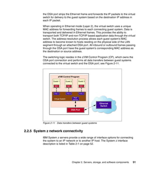 the OSA port strips the Ethernet frame and forwards the IP packets to the virtual
           switch for delivery to the guest system based on the destination IP address in
           each IP packet.

           When operating in Ethernet mode (Layer 2), the virtual switch uses a unique
           MAC address for forwarding frames to each connecting guest system. Data is
           transported and delivered in Ethernet frames. This provides the ability to
           transport both TCP/IP and non-TCP/IP based application data through the virtual
           switch. The address-resolution process allows each guest system’s MAC
           address to become known to hosts residing on the physical side of the LAN
           segment through an attached OSA port. All inbound or outbound frames passing
           through the OSA port have the guest system’s corresponding MAC address as
           the destination or source address.

           The switching logic resides in the z/VM Control Program (CP), which owns the
           OSA port connection and performs all data transfers between guest systems
           connected to the virtual switch and the OSA port; see Figure 2-11.




                         z/VM Control Program

                    Guest 1           Guest 2             Guest 3

                     NIC               NIC                 NIC



                     Port 1            Port 2              Port 3

                                                  Real
                     Virtual Switch              Device

                                                                         Ethernet
                                                                          Switch
                                                OSA Port




           Figure 2-11 Data transfers between guest systems


2.2.5 System z network connectivity
           IBM System z servers provide a wide range of interface options for connecting
           the system to an IP network or to another IP host. The System z interface
           description is listed in Table 2-1 on page 52.




                                                Chapter 2. Servers, storage, and software components   51
 
