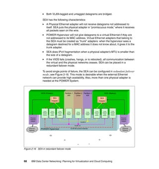 Both VLAN-tagged and untagged datagrams are bridged.

                       SEA has the following characteristics:
                             A Physical Ethernet adapter will not receive datagrams not addressed to
                             itself. SEA puts the physical adapter in “promiscuous mode,” where it receives
                             all packets seen on the wire.
                             POWER Hypervisor will not give datagrams to a virtual Ethernet if they are
                             not addressed to its MAC address. Virtual Ethernet adapters that belong to
                             the SEA must be created as “trunk” adapters: when the hypervisor sees a
                             datagram destined for a MAC address it does not know about, it gives it to the
                             trunk adapter.
                             SEA does IPv4 fragmentation when a physical adapter’s MTU is smaller than
                             the size of a datagram.
                             If the VIOS fails (crashes, hangs, or is rebooted), all communication between
                             the virtual and the physical networks ceases. SEA can be placed in a
                             redundant failover mode.

                       To avoid single points of failure, the SEA can be configured in redundant failover
                       mode; see Figure 2-16. This mode is desirable when the external Ethernet
                       network can provide high availability. Also, more than one physical adapter is
                       needed at the POWER System.



                     VIOS (Primary)                      Partition 1 Partition 2 Partition 3                               VIOS (Backup)
                                                            AIX        Linux        AIX
                                       SEA                                                                           SEA
                                    Adapter                                                                         Adapter




                        Virtual    Virtual     Virtual                                                    Virtual        Virtual    Virtual
                                                            Virtual        Virtual             Virtual                             Ethernet
                       Ethernet   Ethernet    Ethernet                                                   Ethernet       Ethernet
                                                           Ethernet       Ethernet            Ethernet
                       Control     Trunk       Trunk                                                      Trunk          Trunk     Control
                                                           Adapter        Adapter             Adapter                              Channel
                       Channel    Adapter     Adapter                                                    Adapter        Adapter

        Physical                                                                                                                              Physical
        Ethernet                                                                                                                              Ethernet
        Adapter                                                                                                                               Adapter
                                                                                     VLAN 6

                                                                       VLAN 12
                                                                                                                                                Ethernet
     Ethernet        POWER Hypervisor                             VLAN 99 (control channel)
                                                                                                                                                Network
     Network




     PSU_temp_0522




Figure 2-16 SEA in redundant failover mode




68        IBM Data Center Networking: Planning for Virtualization and Cloud Computing
 