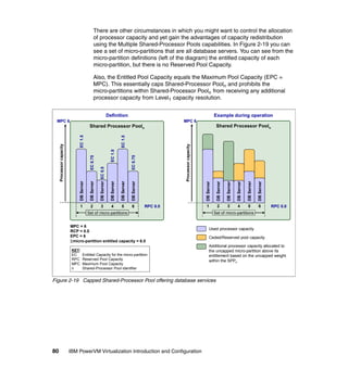 80 IBM PowerVM Virtualization Introduction and Configuration
There are other circumstances in which you might want to control the allocation
of processor capacity and yet gain the advantages of capacity redistribution
using the Multiple Shared-Processor Pools capabilities. In Figure 2-19 you can
see a set of micro-partitions that are all database servers. You can see from the
micro-partition definitions (left of the diagram) the entitled capacity of each
micro-partition, but there is no Reserved Pool Capacity.
Also, the Entitled Pool Capacity equals the Maximum Pool Capacity (EPC =
MPC). This essentially caps Shared-Processor Pooln and prohibits the
micro-partitions within Shared-Processor Pooln from receiving any additional
processor capacity from Level1 capacity resolution.
Figure 2-19 Capped Shared-Processor Pool offering database services
Shared Processor Pooln
Processorcapacity
1 2 3 4 5 6
Shared Processor Pooln
Processorcapacity
Set of micro-partitionsSet of micro-partitions
1 2 3 4 5 6
EC1.5
EC1.0
EC1.5
EC0.5
EC0.75
EC0.75
RPC 0.0
MPC 6
RPC 0.0
Definition Example during operation
MPC 6
MPC = 6
RCP = 0.0
EPC = 6
micro-partition entitled capacity = 6.0
Used processor capacity
Ceded/Reserved pool capacity
Additional processor capacity allocated to
the uncapped micro-partition above its
entitlement based on the uncapped weight
within the SPPn
DBServer
DBServer
DBServer
DBServer
DBServer
DBServer
DBServer
DBServer
DBServer
DBServer
DBServer
DBServer
KEY:
EC Entitled Capacity for the micro-partition
RPC Reserved Pool Capacity
MPC Maximum Pool Capacity
n Shared-Processor Pool identifier
 