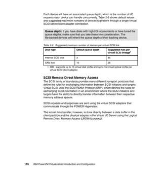 116 IBM PowerVM Virtualization Introduction and Configuration
Each device will have an associated queue depth, which is the number of I/O
requests each device can handle concurrently. Table 2-8 shows default values
and suggested maximum numbers of devices to present through a single virtual
SCSI server/client adapter connection.
Table 2-8 Suggested maximum number of devices per virtual SCSI link
SCSI Remote Direct Memory Access
The SCSI family of standards provides many different transport protocols that
define the rules for exchanging information between SCSI initiators and targets.
Virtual SCSI uses the SCSI RDMA Protocol (SRP), which defines the rules for
exchanging SCSI information in an environment where the SCSI initiators and
targets have the ability to directly transfer information between their respective
memory address spaces.
SCSI requests and responses are sent using the virtual SCSI adapters that
communicate through the POWER Hypervisor.
The actual data transfer, however, is done directly between a data buffer in the
client partition and the physical adapter in the Virtual I/O Server using the Logical
Remote Direct Memory Access (LRDMA) protocol.
Queue depth: If you have disks with high I/O requirements or have tuned the
queue depths, make sure that you take these into consideration. The
file-backed devices will inherit the queue depth of their backing device.
Disk type Default queue depth Suggested max per
virtual SCSI linkage1
1. IBM i supports up to 16 virtual disk LUNs and up to 16 virtual optical LUNs per
virtual SCSI client adapter.
Internal SCSI disk 3 85
SAN disk 10 26
 