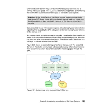 Chapter 2. Virtualization technologies on IBM Power Systems 121
On the Virtual I/O Server, the poold daemon handles group services and is
running in the user space. The vio_daemon daemon is responsible for monitoring
the health of the cluster nodes and the pool as well as the pool capacity.
Each Virtual I/O Server in the cluster requires at least one physical volume for the
repository that is used by the CAA subsystem and one or more physical volumes
for the storage pool.
All cluster nodes in a cluster can see all the disks. Therefore the disks need to be
zoned to all the cluster nodes that are part of the shared storage pools. All nodes
can read and write to the shared storage pool. The cluster uses a distributed lock
manager to manage access to the storage.
Figure 2-30 shows an abstract image of a shared storage pool. The Virtual I/O
Servers in the cluster communicate with each other using Ethernet connections.
They share the repository disk and the disks for the storage pool through the
SAN.
Figure 2-30 Abstract image of the clustered Virtual I/O Servers
Attention: At the time of writing, the shared storage pool supports a single
node Virtual I/O Server cluster. Although there is a single node in a cluster, the
shared storage pool does not work if the poold or vio_daemon do not work
correctly.
VIOS VIOS VIOS VIOS
Repository
Storage
Pool
Storage
Pool
Ethernet
SAN
 