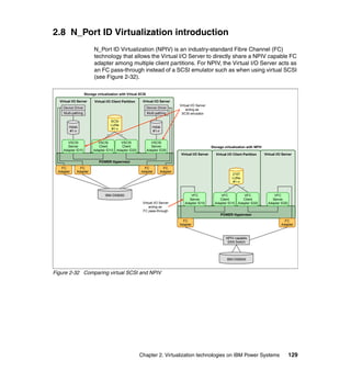 Chapter 2. Virtualization technologies on IBM Power Systems 129
2.8 N_Port ID Virtualization introduction
N_Port ID Virtualization (NPIV) is an industry-standard Fibre Channel (FC)
technology that allows the Virtual I/O Server to directly share a NPIV capable FC
adapter among multiple client partitions. For NPIV, the Virtual I/O Server acts as
an FC pass-through instead of a SCSI emulator such as when using virtual SCSI
(see Figure 2-32).
Figure 2-32 Comparing virtual SCSI and NPIV
POWER Hypervisor
Virtual I/O ServerVirtual I/O Server Virtual I/O Client Partition
SCSI
LUNs
#1-n
VSCSI
Client
Adapter ID10
VSCSI
Client
Adapter ID20
Hdisk
#1-n
Multi-pathing Multi-pathing
Hdisk
#1-n
FC
Adapter
FC
Adapter
FC
Adapter
FC
Adapter
* *
Device DriverDevice Driver
VSCSI
Server
Adapter ID10
VSCSI
Server
Adapter ID20
Storage virtualization with Virtual SCSI
Virtual I/O Server
acting as
SCSI emulator
IBM DS8000
POWER Hypervisor
Virtual I/O ServerVirtual I/O Server Virtual I/O Client Partition
2107
LUNs
#1-n
VFC
Client
Adapter ID10
VFC
Client
Adapter ID20
FC
Adapter
FC
Adapter
* *
VFC
Server
Adapter ID10
VFC
Server
Adapter ID20
Storage virtualization with NPIV
Virtual I/O Server
acting as
FC pass-through
NPIV-capable
SAN Switch
IBM DS8000
 