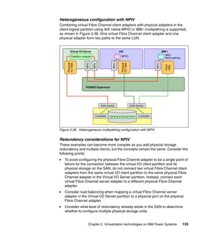 Chapter 2. Virtualization technologies on IBM Power Systems 135
Heterogeneous configuration with NPIV
Combining virtual Fibre Channel client adapters with physical adapters in the
client logical partition using AIX native MPIO or IBM i multipathing is supported,
as shown in Figure 2-36. One virtual Fibre Channel client adapter and one
physical adapter form two paths to the same LUN.
Figure 2-36 Heterogeneous multipathing configuration with NPIV
Redundancy considerations for NPIV
These examples can become more complex as you add physical storage
redundancy and multiple clients, but the concepts remain the same. Consider the
following points:
To avoid configuring the physical Fibre Channel adapter to be a single point of
failure for the connection between the virtual I/O client partition and its
physical storage on the SAN, do not connect two virtual Fibre Channel client
adapters from the same virtual I/O client partition to the same physical Fibre
Channel adapter in the Virtual I/O Server partition. Instead, connect each
virtual Fibre Channel server adapter to a different physical Fibre Channel
adapter.
Consider load balancing when mapping a virtual Fibre Channel server
adapter in the Virtual I/O Server partition to a physical port on the physical
Fibre Channel adapter.
Consider what level of redundancy already exists in the SAN to determine
whether to configure multiple physical storage units.
POWER Hypervisor
AIX IBM iVirtual I/O Server
SAN Switch
Passthru module
NPIV
IBM i
Multi-pathing
NPIV
MPIO
NPIV
NPIV
Controller Controller
Physical
FCHBA
Fibre
HBA
SAN Switch
Physical
FCHBA
 