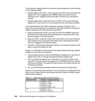 168 IBM PowerVM Virtualization Introduction and Configuration
The handling of outgoing traffic to the external network depends on the VLAN tag
of the outgoing packets:
Packets tagged with VLAN 1, which matches the PVID of the virtual Ethernet
Adapter ent1, are untagged by the POWER Hypervisor before they are
received by ent1, bridged to ent0 by the SEA, and sent out to the external
network.
Packets tagged with a VLAN other than the PVID 1 of the virtual Ethernet
adapter ent1, such as VID 10, are processed with the VLAN tag unmodified.
In the virtual Ethernet and VLAN configuration example of Figure 2-44 on
page 165, the client partitions have access to the external Ethernet through the
network interfaces en0, ETH0 and eth0 using PVID 1.
Because packets with VLAN 1 are using the PVID, the POWER Hypervisor
will remove the VLAN tags before these packets are received by the virtual
Ethernet adapter of the client partition.
Because VLAN 1 is also the PVID of ent1 of the SEA in the Virtual I/O Server,
these packets will be processed by the SEA without VLAN tags and will be
send out untagged to the external network.
Therefore, VLAN-unaware destination devices on the external network will be
able to receive the packets as well.
Partition 1 and Partition 3 have access to the external Ethernet through network
interface en1 and eth0.10 to VLAN 10.
These packets are sent out by the VLAN Ethernet adapters ent1 and eth0.10,
tagged with VLAN 10, through the physical Ethernet adapter ent0.
The virtual Ethernet adapter ent1 of the SEA in the Virtual I/O Server also
uses VID 10 and will receive the packet from the POWER Hypervisor with the
VLAN tag unmodified. The packet will then be sent out through ent0 with the
VLAN tag unmodified.
So, only VLAN-capable destination devices will be able to receive these.
Table 2-11 summarizes which partitions in the virtual Ethernet configuration from
Figure 2-44 on page 165 can communicate with which external VLANs through
which network interface.
Table 2-11 VLAN communication to external network
External VLAN Partition / network interface
1 Partition 1 / en0
Partition 2 / ETH0
Partition 3 / eth0
Virtual I/O Server / en2
10 Partition 1 / en1
Partition 3 / eth0.10
 