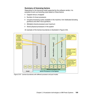 Chapter 2. Virtualization technologies on IBM Power Systems 189
Summary of licensing factors
Depending on the licensing model supported by the software vendor, it is
possible to work out licensing costs based on these factors:
Capped versus uncapped
Number of virtual processors
Unused processing cycles available in the machine, from dedicated donating
partitions and other micro-partitions
(Multiple) shared processor pool maximum
Active physical processors in the system
An example of the license boundaries is illustrated in Figure 2-55.
Figure 2-55 License boundaries with different processor and pool modes
Active Processors in the System
Micro-Partition-Uncapped
Micro-Partition-Capped
Shared Processor Pool
DedicatedDonating
DedicatedProcessors
VP
VP
VP
VP
VP
VP
VP
VP
CPU CPU CPU CPU CPU CPUCPU CPU
4 VP
1.0 EC
4 VP
1.0 EC
CUoD
CPU CPU
Dedicated
processors
dictate
processing
boundaries
Dedicated
processors
dictate
processing
boundaries
Capped, capacity
entitlement dictates
processing
boundary
Uncapped, number
of virtual
processors dictates
processing
boundary
Size of shared pool
is 6 CPU, even
uncapped partitions
cannot use more
than this
 