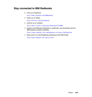 Preface xxiii
Stay connected to IBM Redbooks
Find us on Facebook:
http://www.facebook.com/IBMRedbooks
Follow us on Twitter:
http://twitter.com/ibmredbooks
Look for us on LinkedIn:
http://www.linkedin.com/groups?home=&gid=2130806
Explore new Redbooks publications, residencies, and workshops with the
IBM Redbooks weekly newsletter:
https://www.redbooks.ibm.com/Redbooks.nsf/subscribe?OpenForm
Stay current on recent Redbooks publications with RSS Feeds:
http://www.redbooks.ibm.com/rss.html
 