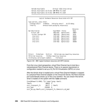296 IBM PowerVM Virtualization Introduction and Configuration
hdisk0 Available Virtual SCSI Disk Drive
hdisk1 Available 31-T1-01 IBM MPIO FC 2107
hdisk2 Available 31-T1-01 IBM MPIO FC 2107
Figure 3-45 IBM i logical hardware resources with NPIV devices
From the Linux client perspective, virtual Fibre Channel has to look like a
native/physical Fibre Channel device. There is no special requirement or
configuration needed to set up a N_Port ID Virtualization (NPIV) on Linux.
After the ibmvfc driver is loaded and a virtual Fibre Channel Adapter is mapped
to a physical Fibre Channel adapter on the Virtual I/O Server, the Fibre Channel
port automatically shows up on the Linux partition. You can check if the ibmvfc
driver is loaded on the system with the lsmod command.
[root@Power7-2-RHEL ~]# lsmod |grep ibmvfc
ibmvfc 98929 4
scsi_transport_fc 84177 1 ibmvfc
scsi_mod 245569 6
scsi_dh,sg,ibmvfc,scsi_transport_fc,ibmvscsic,sd_mod
Logical Hardware Resources Associated with IOP
Type options, press Enter.
2=Change detail 4=Remove 5=Display detail 6=I/O debug
7=Verify 8=Associated packaging resource(s)
Resource
Opt Description Type-Model Status Name
Virtual IOP 6B25-001 Operational CMB07
Virtual Storage IOA 6B25-001 Operational DC04
Disk Unit 2107-A02 Operational DD005
Disk Unit 2107-A02 Operational DD006
Disk Unit 2107-A02 Operational DD007
Disk Unit 2107-A02 Operational DD008
F3=Exit F5=Refresh F6=Print F8=Include non-reporting resources
F9=Failed resources F10=Non-reporting resources
F11=Display serial/part numbers F12=Cancel
 