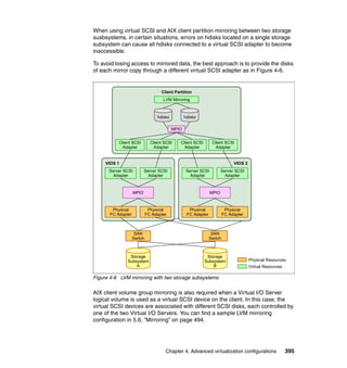 Chapter 4. Advanced virtualization configurations 395
When using virtual SCSI and AIX client partition mirroring between two storage
susbsystems, in certain situations, errors on hdisks located on a single storage
subsystem can cause all hdisks connected to a virtual SCSI adapter to become
inaccessible.
To avoid losing access to mirrored data, the best approach is to provide the disks
of each mirror copy through a different virtual SCSI adapter as in Figure 4-6.
Figure 4-6 LVM mirroring with two storage subsystems
AIX client volume group mirroring is also required when a Virtual I/O Server
logical volume is used as a virtual SCSI device on the client. In this case, the
virtual SCSI devices are associated with different SCSI disks, each controlled by
one of the two Virtual I/O Servers. You can find a sample LVM mirroring
configuration in 5.6, “Mirroring” on page 494.
VIOS 1
Physical Resources
Virtual Resources
Storage
Subsystem
A
SAN
Switch
SAN
Switch
Physical
FC Adapter
Physical
FC Adapter
MPIO
Server SCSI
Adapter
Server SCSI
Adapter
Client Partition
LVM Mirroring
hdiskx hdiskx
Client SCSI
Adapter
Client SCSI
Adapter
Client SCSI
Adapter
Client SCSI
Adapter
MPIO
VIOS 2
Physical
FC Adapter
Physical
FC Adapter
MPIO
Server SCSI
Adapter
Server SCSI
Adapter
Storage
Subsystem
B
 
