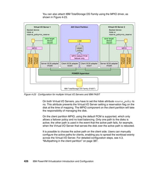 426 IBM PowerVM Virtualization Introduction and Configuration
You can also attach IBM TotalStorage DS Family using the MPIO driver, as
shown in Figure 4-23.
Figure 4-23 Configuration for multiple Virtual I/O Servers and IBM FAStT
On both Virtual I/O Servers, you have to set the hdisk attribute reserve_policy to
no. This attribute prevents the Virtual I/O Server setting a reservation flag on the
disk at the time of mapping. The MPIO component on the client partition will take
the responsibility of managing the disk.
On the client partition MPIO, using the default PCM is supported, which only
allows a failover policy and no load balancing. Only one path to the disks is
active; the other path is used in the event that the active path fails, for example,
when the Virtual I/O Server that serves the disk over the active path is rebooted.
It is possible to choose the active path on the client side. Users can manually
configure the active paths for clients, enabling you to spread the workload evenly
across the Virtual I/O Server. For detailed configuration steps, see 4.3,
“Multipathing in the client partition” on page 387.
POWER Hypervisor
AIX Client PartitionVirtual I/O Server 1
Server SCSI adapter
vhost0
Backed device:
hdisk or
reserve_policy=no_reserve
vscsi target
device
vtscsi0
Virtual I/O Server 2
Server SCSI adapter
vhost0
Backed device:
hdisk or
reserve_policy=no_reserve
Client SCSI adapter
vscsi0
Client SCSI adapter
vscsi1
LVM
hdisk0
rootvg
vscsi target
device
vtscsi0
Physical
Adapter
MPIO default PCM
failover only
Physical
Adapter
Physical
Adapter
Physical
Adapter
IBM TotalStorage DS Family (FAStT)
MPIO MPIO
 