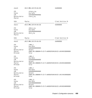 Chapter 5. Configuration scenarios 499
vhost0 U9117.MMA.101F170-V6-C20 0x00000000
VTD vnimsrv_rvg
Status Available
LUN 0x8100000000000000
Backing device nimsrv_rvg
Physloc
SVSA Physloc Client Partition ID
--------------- -------------------------------------------- ------------------
vhost1 U9117.MMA.101F170-V6-C30 0x00000000
VTD vdbsrv_rvg
Status Available
LUN 0x8100000000000000
Backing device dbsrv_rvg
Physloc
SVSA Physloc Client Partition ID
--------------- -------------------------------------------- ------------------
vhost2 U9117.MMA.101F170-V6-C40 0x00000000
VTD vIBMi_2
Status Available
LUN 0x8200000000000000
Backing device hdisk11
Physloc U5802.001.0086848-P1-C2-T1-W500507630410412C-L4010401900000000
Mirrored false
VTD vIBMi_3
Status Available
LUN 0x8300000000000000
Backing device hdisk12
Physloc U5802.001.0086848-P1-C2-T1-W500507630410412C-L4010401A00000000
Mirrored false
VTD vIBMi_4
Status Available
LUN 0x8400000000000000
Backing device hdisk13
Physloc U5802.001.0086848-P1-C2-T1-W500507630410412C-L4011401000000000
Mirrored false
VTD vIBMi_LS
Status Available
LUN 0x8100000000000000
Backing device hdisk10
Physloc U5802.001.0086848-P1-C2-T1-W500507630410412C-L4010401800000000
Mirrored false
 