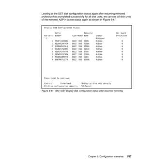 Chapter 5. Configuration scenarios 527
Looking at the SST disk configuration status again after resuming mirrored
protection has completed successfully for all disk units, we can see all disk units
of the mirrored ASP in active status again as shown in Figure 5-47.
Figure 5-47 IBM i SST Display disk configuration status after resumed mirroring
Display Disk Configuration Status
Serial Resource Hot Spare
ASP Unit Number Type Model Name Status Protection
1 Mirrored
1 Y9UCTLXBVQ9G 6B22 050 DD001 Active N
1 Y2LVHS2WFVCM 6B22 050 DD005 Active N
2 YYMD6NS9YGL4 6B22 050 DD009 Active N
2 YDU8UT78ZHMZ 6B22 050 DD010 Active N
3 YZG9ZK2YKVV4 6B22 050 DD007 Active N
3 Y6FWEN7UP9DW 6B22 050 DD006 Active N
4 Y5UQXAAMRRYR 6B22 050 DD011 Active N
4 YY8TMA75JZTR 6B22 050 DD008 Active N
Press Enter to continue.
F3=Exit F5=Refresh F9=Display disk unit details
F11=Disk configuration capacity F12=Cancel
 