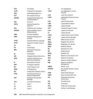 550 IBM PowerVM Virtualization Introduction and Configuration
FDX Full Duplex
FLOP Floating Point Operation
FRU Field Replaceable Unit
FTP File Transfer Protocol
GDPS® Geographically Dispersed
Parallel Sysplex™
GID Group ID
GPFS General Parallel File
System™
GUI Graphical User Interface
HACMP High Availability Cluster
Multiprocessing
HBA Host Bus Adapters
HMC Hardware Management
Console
HTML Hypertext Markup Language
HTTP Hypertext Transfer Protocol
Hz Hertz
I/O Input/Output
IBM International Business
Machines
ID Identification
IDE Integrated Device Electronics
IEEE Institute of Electrical and
Electronics Engineers
IP Internetwork Protocol
IPAT IP Address Takeover
IPL Initial Program Load
IPMP IP Multipathing
ISV Independent Software Vendor
ITSO International Technical
Support Organization
IVM Integrated Virtualization
Manager
JFS Journaled File System
L1 Level 1
L2 Level 2
L3 Level 3
LA Link Aggregation
LACP Link Aggregation Control
Protocol
LAN Local Area Network
LDAP Lightweight Directory Access
Protocol
LED Light Emitting Diode
LMB Logical Memory Block
LPAR Logical Partition
LPP Licensed Program Product
LUN Logical Unit Number
LV Logical Volume
LVCB Logical Volume Control Block
LVM Logical Volume Manager
MAC Media Access Control
Mbps Megabits Per Second
MBps Megabytes Per Second
MCM Multichip Module
ML Maintenance Level
MP Multiprocessor
MPIO Multipath I/O
MTU Maximum Transmission Unit
NFS Network File System
NIB Network Interface Backup
NIM Network Installation
Management
NIMOL NIM on Linux
NVRAM Non-Volatile Random Access
Memory
ODM Object Data Manager
OSPF Open Shortest Path First
PCI Peripheral Component
Interconnect
PIC Pool Idle Count
PID Process ID
PKI Public Key Infrastructure
PLM Partition Load Manager
 