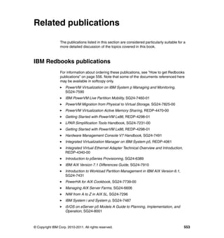 © Copyright IBM Corp. 2010-2011. All rights reserved. 553
Related publications
The publications listed in this section are considered particularly suitable for a
more detailed discussion of the topics covered in this book.
IBM Redbooks publications
For information about ordering these publications, see “How to get Redbooks
publications” on page 556. Note that some of the documents referenced here
may be available in softcopy only.
PowerVM Virtualization on IBM System p Managing and Monitoring,
SG24-7590
IBM PowerVM Live Partition Mobility, SG24-7460-01
PowerVM Migration from Physical to Virtual Storage, SG24-7825-00
PowerVM Virtualization Active Memory Sharing, REDP-4470-00
Getting Started with PowerVM Lx86, REDP-4298-01
LPAR Simplification Tools Handbook, SG24-7231-00
Getting Started with PowerVM Lx86, REDP-4298-01
Hardware Management Console V7 Handbook, SG24-7491
Integrated Virtualization Manager on IBM System p5, REDP-4061
Integrated Virtual Ethernet Adapter Technical Overview and Introduction,
REDP-4340-00
Introduction to pSeries Provisioning, SG24-6389
IBM AIX Version 7.1 Differences Guide, SG24-7910
Introduction to Workload Partition Management in IBM AIX Version 6.1,
SG24-7431
PowerHA for AIX Cookbook, SG24-7739-00
Managing AIX Server Farms, SG24-6606
NIM from A to Z in AIX 5L, SG24-7296
IBM System i and System p, SG24-7487
i5/OS on eServer p5 Models A Guide to Planning, Implementation, and
Operation, SG24-8001
 