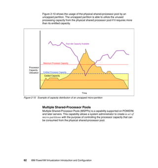62 IBM PowerVM Virtualization Introduction and Configuration
Figure 2-10 shows the usage of the physical shared-processor pool by an
uncapped partition. The uncapped partition is able to utilize the unused
processing capacity from the physical shared processor pool if it requires more
than its entitled capacity.
Figure 2-10 Example of capacity distribution of an uncapped micro-partition
Multiple Shared-Processor Pools
Multiple Shared-Processor Pools (MSPPs) is a capability supported on POWER6
and later servers. This capability allows a system administrator to create a set of
micro-partitions with the purpose of controlling the processor capacity that can
be consumed from the physical shared-processor pool.
Maximum Processor Capacity
Entitled Processor Capacity
Ceded Capacity
Time
Pool Idle Capacity Available
Processor
Capacity
Utilization
 