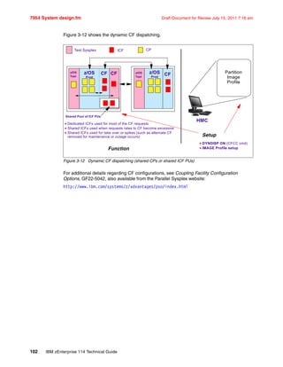 7954 System design.fm Draft Document for Review July 15, 2011 7:16 am
102 IBM zEnterprise 114 Technical Guide
Figure 3-12 shows the dynamic CF dispatching.
Figure 3-12 Dynamic CF dispatching (shared CPs or shared ICF PUs)
For additional details regarding CF configurations, see Coupling Facility Configuration
Options, GF22-5042, also available from the Parallel Sysplex website:
http://www.ibm.com/systems/z/advantages/pso/index.html
z/OS
Prod
z/OS
Prod
Function
Setup
HMC
Partition
Image
Profile
ICF CP
CF CF
Test Sysplex
z/OS
Test
z/OS
Test
CF
DYNDISP ON (CFCC cmd)
IMAGE Profile setup
Shared Pool of ICF PUs
Dedicated ICFs used for most of the CF requests
Shared ICFs used when requests rates to CF become excessive
Shared ICFs used for take over or spikes (such as alternate CF
removed for maintenance or outage occurs)
 