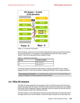Chapter 4. CPC I/O system structure 109
Draft Document for Review July 15, 2011 7:16 am 7954 IO system structure.fm
Figure 4-3 I/O domains of I/O drawer
Each I/O domain supports four I/O card slots. Balancing I/O cards across both I/O domains
on new build servers, or on upgrades, is automatically done when the order is placed.
Table 4-1 lists the I/O domains and their related I/O slots.
Table 4-1 I/O domains of I/O drawer
If the Power Sequence Controller (PSC) feature is ordered, the PSC24V card is always
plugged into slot 11 of the first I/O drawer. Installing the PSC24V card is always disruptive.
4.4 PCIe I/O drawers
The PCIe I/O drawer attaches to the processor node via a PCIe bus and uses PCIe as the
infrastructure bus within the drawer. The PCIe I/O bus infrastructure data rate is up to 8GBps.
PCIe switch ASICs (Application-Specific Integrated Circuit) are used to fan-out the host bus
from the processor node to the individual I/O cards.
The PCIe drawer is a two sided drawer (I/O cards on both sides) that is 7U high (one half of
I/O cage) and fits into a 24 inch System z frame.The drawer contains 32 I/O card slots, four
Domain I/O slot in domain
A 02, 05, 08, 10
B 03, 04, 07, 11
Power Sequence Controller: It is intended that the z196 and z114 are the last System z
servers to support the Power Sequence Controller feature.
I/O drawer – 8 slots
2 I/O domains
DCA 1
I/O-A
I/O-B
I/O-B
I/O-A
I/O-A
I/O-B
DCA 2
I/O-B
I/O-A
IFB-MP B
IFB-MP A
Front - 4 Rear - 4
RIIRII
 