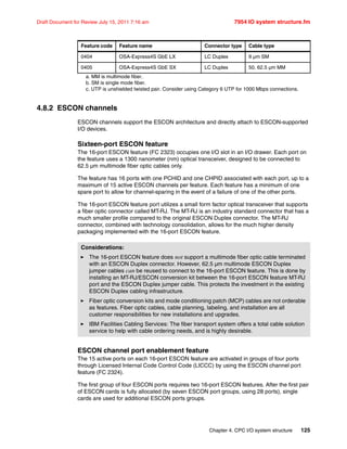 Chapter 4. CPC I/O system structure 125
Draft Document for Review July 15, 2011 7:16 am 7954 IO system structure.fm
4.8.2 ESCON channels
ESCON channels support the ESCON architecture and directly attach to ESCON-supported
I/O devices.
Sixteen-port ESCON feature
The 16-port ESCON feature (FC 2323) occupies one I/O slot in an I/O drawer. Each port on
the feature uses a 1300 nanometer (nm) optical transceiver, designed to be connected to
62.5 µm multimode fiber optic cables only.
The feature has 16 ports with one PCHID and one CHPID associated with each port, up to a
maximum of 15 active ESCON channels per feature. Each feature has a minimum of one
spare port to allow for channel-sparing in the event of a failure of one of the other ports.
The 16-port ESCON feature port utilizes a small form factor optical transceiver that supports
a fiber optic connector called MT-RJ. The MT-RJ is an industry standard connector that has a
much smaller profile compared to the original ESCON Duplex connector. The MT-RJ
connector, combined with technology consolidation, allows for the much higher density
packaging implemented with the 16-port ESCON feature.
ESCON channel port enablement feature
The 15 active ports on each 16-port ESCON feature are activated in groups of four ports
through Licensed Internal Code Control Code (LICCC) by using the ESCON channel port
feature (FC 2324).
The first group of four ESCON ports requires two 16-port ESCON features. After the first pair
of ESCON cards is fully allocated (by seven ESCON port groups, using 28 ports), single
cards are used for additional ESCON ports groups.
0404 OSA-Express4S GbE LX LC Duplex 9 µm SM
0405 OSA-Express4S GbE SX LC Duplex 50, 62.5 µm MM
a. MM is multimode fiber.
b. SM is single mode fiber.
c. UTP is unshielded twisted pair. Consider using Category 6 UTP for 1000 Mbps connections.
Feature code Feature name Connector type Cable type
Considerations:
The 16-port ESCON feature does not support a multimode fiber optic cable terminated
with an ESCON Duplex connector. However, 62.5 µm multimode ESCON Duplex
jumper cables can be reused to connect to the 16-port ESCON feature. This is done by
installing an MT-RJ/ESCON conversion kit between the 16-port ESCON feature MT-RJ
port and the ESCON Duplex jumper cable. This protects the investment in the existing
ESCON Duplex cabling infrastructure.
Fiber optic conversion kits and mode conditioning patch (MCP) cables are not orderable
as features. Fiber optic cables, cable planning, labeling, and installation are all
customer responsibilities for new installations and upgrades.
IBM Facilities Cabling Services: The fiber transport system offers a total cable solution
service to help with cable ordering needs, and is highly desirable.
 