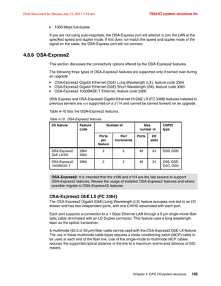 Chapter 4. CPC I/O system structure 135
Draft Document for Review July 15, 2011 7:16 am 7954 IO system structure.fm
1000 Mbps full-duplex
If you are not using auto-negotiate, the OSA-Express port will attempt to join the LAN at the
specified speed and duplex mode. If this does not match the speed and duplex mode of the
signal on the cable, the OSA-Express port will not connect.
4.8.6 OSA-Express2
This section discusses the connectivity options offered by the OSA-Express2 features.
The following three types of OSA-Express2 features are supported only if carried over during
an upgrade:
OSA-Express2 Gigabit Ethernet (GbE) Long Wavelength (LX), feature code 3364
OSA-Express2 Gigabit Ethernet (GbE) Short Wavelength (SX), feature code 3365
OSA-Express2 1000BASE-T Ethernet, feature code 3366
OSA-Express and OSA-Express2 Gigabit Ethernet 10 GbE LR (FC 3368) features installed in
previous servers are not supported on a z114 and cannot be carried forward on an upgrade.
Table 4-10 lists the OSA-Express2 features.
Table 4-10 OSA-Express2 features
OSA-Express2 GbE LX (FC 3364)
The OSA-Express2 Gigabit (GbE) Long Wavelength (LX) feature occupies one slot in an I/O
drawer and has two independent ports, with one CHPID associated with each port.
Each port supports a connection to a 1 Gbps Ethernet LAN through a 9 µm single-mode fiber
optic cable terminated with an LC Duplex connector. This feature uses a long wavelength
laser as the optical transceiver.
A multimode (62.5 or 50 µm) fiber cable can be used with the OSA-Express2 GbE LX feature.
The use of these multimode cable types requires a mode conditioning patch (MCP) cable to
be used at each end of the fiber link. Use of the single-mode to multimode MCP cables
reduces the supported optical distance of the link to a maximum end-to-end distance of 550
meters.
I/O feature Feature
code
Number of Max.
number of
CHPID
type
Ports
per
feature
Port
increments
Ports I/O
slots
OSA-Express2
GbE LX/SX
3364
3365
2 2 48 24 OSD, OSN
OSA-Express2
1000BASE-T
3366 2 2 48 24 OSE, OSD,
OSC, OSN
OSA-Express2: It is intended that the z196 and z114 are the last servers to support
OSA-Express2 features. Review the usage of installed OSA-Express2 features and where
possible migrate to OSA-Express4S features.
 