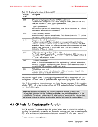 Chapter 6. Cryptography 165
Draft Document for Review July 15, 2011 7:16 am 7954 Cryptography.fm
Table 6-1 Cryptographic features for System z CPC
TKE includes support for the AES encryption algorithm with 256-bit master keys and key
management functions to load or generate master keys to the cryptographic coprocessor.
If the TKE workstation is chosen to operate the Crypto Express features, a TKE workstation
with the TKE 7.1 LIC or later is required. See 6.5, “TKE workstation feature” on page 172 for a
more detailed description.
6.3 CP Assist for Cryptographic Function
The CP Assist for Cryptographic Function (CPACF) offers a set of symmetric cryptographic
functions that enhance the encryption and decryption performance of clear key operations for
SSL, VPN, and data-storing applications that do not require FIPS 140-2 level 4 security2.
Feature
code
Description
3863 CP Assist for Cryptographic Function (CPACF) enablement
This feature is a prerequisite to use CPACF (except for SHA-1, SHA-224, SHA-256,
SHA-384, and SHA-512) and Crypto Express features.
0864 Crypto Express3 feature
A maximum of eight features can be ordered. Each feature contains two PCI Express
cryptographic adapters (adjunct processors).
0871 Crypto Express3-1P feature
A maximum of eight features can be ordered. Each feature contains one PCI Express
cryptographic adapter (adjunct processor).
0841 Trusted Key Entry (TKE) workstation
This feature is optional. TKE provides basic key management (key identification,
exchange, separation, update, backup), as well as security administration. The TKE
workstation has one Ethernet port and supports connectivity to an Ethernet Local Area
Network (LAN) operating at 10, 100, or 1000 Mbps. Up to ten (10) features per
zEnterprise CPC can be installed
0867 TKE 7.1 Licensed Internal Code (TKE 7.1 LIC)
The 7.1 LIC requires Trusted Key Entry workstation feature code 0841. It is required to
support zEnterprise CPC. The 7.1 LIC can also be used to control z10 EC, z10 BC, z9
EC, z9 BC, z990, and z890 servers.
0885 TKE Smart Card Reader
Access to information about the smart card is protected by a personal identification
number (PIN). One (1) feature code includes two Smart Card Readers, two cables to
connect to the TKE workstation, and 20 smart cards.
0884 TKE additional smart cards
When one feature code is ordered a quantity of 10 smart cards are shipped. Order
increment is one up to 99 (990 blank Smart Cards).
Important: Products that include any of the cryptographic feature codes contain
cryptographic functions that are subject to special export licensing requirements by the
United States Department of Commerce. It is the customer’s responsibility to understand
and adhere to these regulations when moving, selling, or transferring these products.
2 Federal Information Processing Standard
 