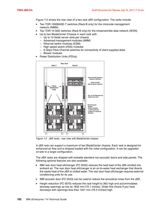 7954 zBX.fm Draft Document for Review July 15, 2011 7:16 am
182 IBM zEnterprise 114 Technical Guide
Figure 7-2 shows the rear view of a two rack zBX configuration. The racks include:
Two TOR 1000BASE-T switches (Rack B only) for the intranode management
network (INMN)
Two TOR 10 GbE switches (Rack B only) for the intraensemble data network (IEDN)
Up to two BladeCenter Chassis in each rack with:
– Up to 14 blade server slots per chassis
– Advanced management modules (AMM)
– Ethernet switch modules (ESM)
– High speed switch (HSS) modules
– 8 Gbps Fibre Channel switches for connectivity of client supplied disks
– Blower modules
Power Distribution Units (PDUs)
Figure 7-2 zBX racks - rear view with BladeCenter chassis
A zBX rack can support a maximum of two BladeCenter chassis. Each rack is designed for
enhanced air flow and is shipped loaded with the initial configuration. It can be upgraded
on-site to a larger configuration.
The zBX racks are shipped with lockable standard non-acoustic doors and side panels. The
following optional features are also available:
IBM rear door heat eXchanger (FC 0540) reduces the heat load of the zBX emitted into
ambient air. The rear door heat eXchanger is an air-to-water heat exchanger that diverts
the waste heat of the zBX to chilled water. The rear door heat eXchanger requires external
conditioning units for its use.
IBM acoustic door (FC 0543) can be used to reduce the acoustical noise from the zBX.
Height reduction (FC 0570) reduces the rack height to 36U high and accommodates
doorway openings as low as 1832 mm (72.1 inches). Order this choice if you have
doorways with openings less than 1941 mm (76.4 inches) high.
Intranode Management
Network switches
Intraensemble
Data Network switches
Power
Distribution
Units
One or two BladeCenter
chassis per rack
BladeCenters:
•Blades
•Power supplies
•10 GbE switches
•8 Gbps FC switches
•Blowers
Rack C Rack B
Rear View
 