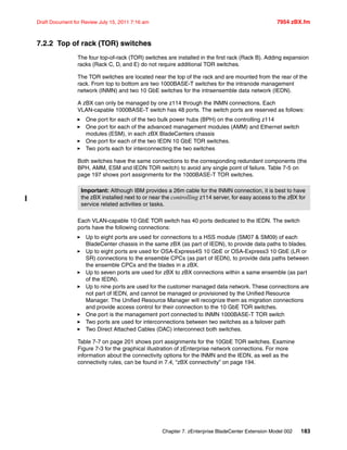 Chapter 7. zEnterprise BladeCenter Extension Model 002 183
Draft Document for Review July 15, 2011 7:16 am 7954 zBX.fm
7.2.2 Top of rack (TOR) switches
The four top-of-rack (TOR) switches are installed in the first rack (Rack B). Adding expansion
racks (Rack C, D, and E) do not require additional TOR switches.
The TOR switches are located near the top of the rack and are mounted from the rear of the
rack. From top to bottom are two 1000BASE-T switches for the intranode management
network (INMN) and two 10 GbE switches for the intraensemble data network (IEDN).
A zBX can only be managed by one z114 through the INMN connections. Each
VLAN-capable 1000BASE-T switch has 48 ports. The switch ports are reserved as follows:
One port for each of the two bulk power hubs (BPH) on the controlling z114
One port for each of the advanced management modules (AMM) and Ethernet switch
modules (ESM), in each zBX BladeCenters chassis
One port for each of the two IEDN 10 GbE TOR switches.
Two ports each for interconnecting the two switches
Both switches have the same connections to the corresponding redundant components (the
BPH, AMM, ESM and IEDN TOR switch) to avoid any single point of failure. Table 7-5 on
page 197 shows port assignments for the 1000BASE-T TOR switches.
Each VLAN-capable 10 GbE TOR switch has 40 ports dedicated to the IEDN. The switch
ports have the following connections:
Up to eight ports are used for connections to a HSS module (SM07 & SM09) of each
BladeCenter chassis in the same zBX (as part of IEDN), to provide data paths to blades.
Up to eight ports are used for OSA-Express4S 10 GbE or OSA-Express3 10 GbE (LR or
SR) connections to the ensemble CPCs (as part of IEDN), to provide data paths between
the ensemble CPCs and the blades in a zBX.
Up to seven ports are used for zBX to zBX connections within a same ensemble (as part
of the IEDN).
Up to nine ports are used for the customer managed data network. These connections are
not part of IEDN, and cannot be managed or provisioned by the Unified Resource
Manager. The Unified Resource Manager will recognize them as migration connections
and provide access control for their connection to the 10 GbE TOR switches.
One port is the management port connected to INMN 1000BASE-T TOR switch
Two ports are used for interconnections between two switches as a failover path
Two Direct Attached Cables (DAC) interconnect both switches.
Table 7-7 on page 201 shows port assignments for the 10GbE TOR switches. Examine
Figure 7-3 for the graphical illustration of zEnterprise network connections. For more
information about the connectivity options for the INMN and the IEDN, as well as the
connectivity rules, can be found in 7.4, “zBX connectivity” on page 194.
Important: Although IBM provides a 26m cable for the INMN connection, it is best to have
the zBX installed next to or near the controlling z114 server, for easy access to the zBX for
service related activities or tasks.
 