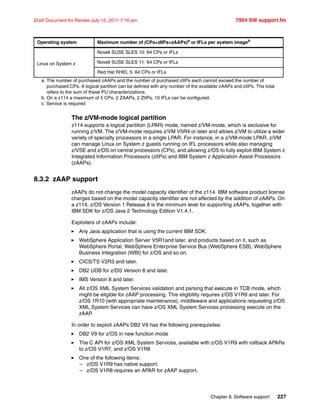 Chapter 8. Software support 227
Draft Document for Review July 15, 2011 7:16 am 7954 SW support.fm
The z/VM-mode logical partition
z114 supports a logical partition (LPAR) mode, named z/VM-mode, which is exclusive for
running z/VM. The z/VM-mode requires z/VM V5R4 or later and allows z/VM to utilize a wider
variety of specialty processors in a single LPAR. For instance, in a z/VM-mode LPAR, z/VM
can manage Linux on System z guests running on IFL processors while also managing
z/VSE and z/OS on central processors (CPs), and allowing z/OS to fully exploit IBM System z
Integrated Information Processors (zIIPs) and IBM System z Application Assist Processors
(zAAPs).
8.3.2 zAAP support
zAAPs do not change the model capacity identifier of the z114. IBM software product license
charges based on the model capacity identifier are not affected by the addition of zAAPs. On
a z114, z/OS Version 1 Release 8 is the minimum level for supporting zAAPs, together with
IBM SDK for z/OS Java 2 Technology Edition V1.4.1.
Exploiters of zAAPs include:
Any Java application that is using the current IBM SDK.
WebSphere Application Server V5R1and later, and products based on it, such as
WebSphere Portal, WebSphere Enterprise Service Bus (WebSphere ESB), WebSphere
Business Integration (WBI) for z/OS and so on.
CICS/TS V2R3 and later.
DB2 UDB for z/OS Version 8 and later.
IMS Version 8 and later.
All z/OS XML System Services validation and parsing that execute in TCB mode, which
might be eligible for zAAP processing. This eligibility requires z/OS V1R9 and later. For
z/OS 1R10 (with appropriate maintenance), middleware and applications requesting z/OS
XML System Services can have z/OS XML System Services processing execute on the
zAAP.
In order to exploit zAAPs DB2 V9 has the following prerequisites:
DB2 V9 for z/OS in new function mode
The C API for z/OS XML System Services, available with z/OS V1R9 with rollback APARs
to z/OS V1R7, and z/OS V1R8
One of the following items:
– z/OS V1R9 has native support.
– z/OS V1R8 requires an APAR for zAAP support.
Linux on System z
Novell SUSE SLES 10: 64 CPs or IFLs
Novell SUSE SLES 11: 64 CPs or IFLs
Red Hat RHEL 5: 64 CPs or IFLs
a. The number of purchased zAAPs and the number of purchased zIIPs each cannot exceed the number of
purchased CPs. A logical partition can be defined with any number of the available zAAPs and zIIPs. The total
refers to the sum of these PU characterizations.
b. On a z114 a maximum of 5 CPs, 2 ZAAPs, 2 ZIIPs, 10 IFLs can be configured.
c. Service is required
Operating system Maximum number of (CPs+zIIPs+zAAPs)a
or IFLs per system imageb
 