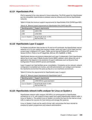 Chapter 8. Software support 235
Draft Document for Review July 15, 2011 7:16 am 7954 SW support.fm
8.3.21 HiperSockets IPv6
IPv6 is expected to be a key element in future networking. The IPv6 support for HiperSockets
permits compatible implementations between external networks and internal HiperSockets
networks.
Table 8-18 lists the minimum support requirements for HiperSockets IPv6 (CHPID type IQD).
Table 8-18 Minimum support requirements for HiperSockets IPv6 (CHPID type IQD)
8.3.22 HiperSockets Layer 2 support
For flexible and efficient data transfer for IP and non-IP workloads, the HiperSockets internal
networks on z114 can support two transport modes, which are Layer 2 (Link Layer) and the
current Layer 3 (Network or IP Layer). Traffic can be Internet Protocol (IP) Version 4 or
Version 6 (IPv4, IPv6) or non-IP (AppleTalk, DECnet, IPX, NetBIOS, or SNA).
HiperSockets devices are protocol-independent and Layer 3 independent. Each HiperSockets
device has its own Layer 2 Media Access Control (MAC) address, which allows the use of
applications that depend on the existence of Layer 2 addresses such as Dynamic Host
Configuration Protocol (DHCP) servers and firewalls.
Layer 2 support can help facilitate server consolidation. Complexity can be reduced, network
configuration is simplified and intuitive, and LAN administrators can configure and maintain
the mainframe environment the same as they do a non-mainframe environment.
Table 8-19 show the requirements for HiperSockets Layer 2 support.
Table 8-19 Minimum support requirements for HiperSockets Layer 2
8.3.23 HiperSockets network traffic analyzer for Linux on System z
HiperSockets network traffic analyzer (HS NTA) is an enhancement to HiperSockets
architecture on z114, with support to trace Layer2 and Layer3 HiperSockets network traffic in
Linux on System z. This allows Linux on System z to control the trace for the internal virtual
LAN, to capture the records into host memory and storage (file systems).
Linux on System z tools can be used to format, edit, and process the trace records for
analysis by system programmers and network administrators.
Operating system Support requirements
z/OS z/OS V1R8
z/VM z/VM V5R4
Linux on System z Novell SUSE SLES 10 SP2
Red Hat RHEL 5.2
Operating system Support requirements
z/VM z/VM V5R4 for guest exploitation
Linux on System z Novell SUSE SLES 10 SP2
Red Hat RHEL 5.2
 