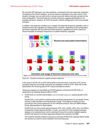 Chapter 9. System upgrades 287
Draft Document for Review July 15, 2011 7:16 am 7954 System upgrades.fm
By using the API approach, you may customize, at activation time, the resources necessary
to respond to the current situation, up to the maximum specified in the order record. If the
situation changes, you can add more or remove resources without having to go back to the
base configuration. This eliminates the need for temporary upgrade specification for all
possible scenarios. However, for CPE the specific ordered configuration is the only possible
activation.
In addition, this approach enables you to update and replenish temporary upgrades, even in
situations where the upgrades are already active. Likewise, depending on the configuration,
permanent upgrades can be performed while temporary upgrades are active. Figure 9-2
shows examples of activation sequences of multiple temporary upgrades.
Figure 9-2 Example of temporary upgrade activation sequence
In the case of the R2, R3, and R1 being active at the same time, only parts of R1 can be
activated, because not enough resources are available to fulfill all of R1. When R2 is then
deactivated, the remaining parts of R1 may be activated as shown.
Temporary capacity can be billable as On/Off Capacity on Demand (On/Off CoD), or
replacement as Capacity Backup (CBU) or CPE:
On/Off CoD is a function that enables concurrent and temporary capacity growth of the
server.
On/Off CoD can be used for customer peak workload requirements, for any length of time,
and has a daily hardware and maintenance charge. The software charges can vary
according to the license agreement for the individual products. See your IBM Software
Group representative for exact details.
On/Off CoD can concurrently add processors (CPs, ICFs, zAAPs. zIIPs, IFLs, and SAPs),
increase the model capacity identifier, or both, up to the limit of the installed processor
drawers of an existing server, and is restricted to twice the currently installed capacity.
On/Off CoD requires a contract agreement between the customer and IBM.
The customer decides whether to pre-pay or post-pay On/Off CoD. Capacity tokens inside
the records are used to control activation time and resources.
Time
R2R2 R2
R4
R2
R4
R2
R4
R3
R2
R4
R3
R2 R3R1 R4R2 R3R1 R4
R2
R3
R1
R2
R3
R1
R2
R3
R2
R3
R3
R1
R3
R1
Record and associated authorization
Activation and usage of dormant resources over time
CPE OOCoD CBU CBU
OOCoD OOCoD OOCoD OOCoD OOCoD
CPE
CPECBU
CBU
CBU CBU CBU
CBU
 