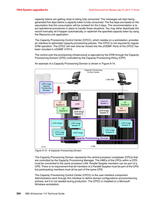 7954 System upgrades.fm Draft Document for Review July 15, 2011 7:16 am
304 IBM zEnterprise 114 Technical Guide
capacity tokens are getting close to being fully consumed. The messages will stqrt being
generated five days before a capacity token is fully consumed. The five days are based on the
assumption that the consumption will be constant for the 5 days. The recommendation is to
put operational procedures in place to handle these situations. You may either deactivate the
record manually, let it happen automatically, or replenish the specified capacity token by using
the Resource Link application.
The Capacity Provisioning Control Center (CPCC), which resides on a workstation, provides
an interface to administer capacity provisioning policies. The CPCC is not required for regular
CPM operation. The CPCC will over time be moved into the z/OSMF. Parts of the CPCC has
been included in z/OSMF V1R13.
The control over the provisioning infrastructure is executed by the CPM through the Capacity
Provisioning Domain (CPD) controlled by the Capacity Provisioning Policy (CPP).
An example of a Capacity Provisioning Domain is shown in Figure 9-14.
Figure 9-14 A Capacity Provisioning Domain
The Capacity Provisioning Domain represents the central processor complexes (CPCs) that
are controlled by the Capacity Provisioning Manager. The HMCs of the CPCs within a CPD
must be connected to the same processor LAN. Parallel Sysplex members can be part of a
CPD. There is no requirement that all members of a Parallel Sysplex must be part of the CPD,
but participating members must all be part of the same CPD.
The Capacity Provisioning Control Center (CPCC) is the user interface component.
Administrators work through this interface to define domain configurations and provisioning
policies, but it is not needed during production. The CPCC is installed on a Microsoft
Windows workstation.
z196 HMC
z/OS image z/OS imagez/OS image
Sysplex A
z/OS imagez/OS image
Sysplex A
z/VM
CF
Sysplex A
z/OS image
CF
Sysplex B
CF
Sysplex B
z/OS imagez/OS image
Sysplex B
CF
Sysplex A
z/OS imagez/OS image
Sysplex B
Linux on
System z
Capacity Provisioning Domain
z196z114
z/OS image
Sysplex A
SE
SE
Capacity Provisioning
Control Center
z/OS image
Sysplex A
z/OS image
Capacity
Provisioning
Manager
 