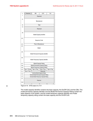 7954 System upgrades.fm Draft Document for Review July 15, 2011 7:16 am
314 IBM zEnterprise 114 Technical Guide
Figure 9-16 STSI output on z114
The model capacity identifier contains the base capacity, the On/Off CoD, and the CBU. The
model permanent capacity identifier and the Model Permanent Capacity Rating contain the
base capacity of the system, and the model temporary capacity identifier and model
temporary capacity rating contain the base capacity and the On/Off CoD.
 