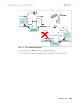 Chapter 10. RAS 327
Draft Document for Review July 15, 2011 7:16 am 7954 RAS.fm
Figure 10-1 Typical PowerHA cluster diagram
For more information on IBM PowerHA System Mirror for AIX see:
http://www-03.ibm.com/systems/power/software/availability/aix/index.html
Appl. Data
*shared storage
`
Servi ce IP address
Appl. Processes
(appl. Server)
VS A (Blade#1)
Cluster
management
VS B (Blade#2)
Cluster
management
Hypervisor Hypervisor
Failover
Appl. Processes
(appl. Server)
Appl. Data
*shared storage
Service IP address
VS A (Blade#1)
Cluster
management
VS B (Blade#2)
Cluster
management Appl. Processes
(appl. Server)
Servi ce IP address
`
Hypervisor Hypervisor
 