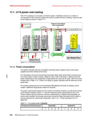 7954 Environmental reqts.fm Draft Document for Review July 15, 2011 7:16 am
330 IBM zEnterprise 114 Technical Guide
11.1 z114 power and cooling
The z114 is always an air-cooled, one-frame system. Installation can be on a raised- or
non-raised floor with numerous options for top exit or bottom exit for all cabling - power as well
as I/O cables as shown in Figure 11-1.
Figure 11-1 z114 cabling options
11.1.1 Power consumption
The system operates with two completely redundant power supplies. Each of the power
supplies have their individual line-cords.
For redundancy, the server should have two power feeds. Each power feed is one line cord.
Line cords attach to either 3 phase, 50/60 Hz, 250 or 450 V AC power or 380 to 570 V DC
power. Depending on the configuration single-phase line cords can be used - 200 V 30 A (see
shaded area in Table 11-1). There is no impact to system operation with the total loss of one
power feed.
For ancillary equipment such as the Hardware Management Console, its display, and its
modem, additional single-phase outlets are required.
The power requirements depend on the number of processor drawers, as well as the number
of I/O drawers installed. Figure 11-1 lists the maximum power requirements for the z114.
These numbers assume maximum memory configurations, all drawers fully populated, all
fanout cards installed. We strongly recommend using the Power Estimation tool to obtain a
precise indication for a particular configuration. See 11.4.1, “Power estimation tool” on
page 339
Table 11-1 z114 system power in kilowatts
Top Exit
I/O
And
Top Exit
Power
Floor Type
Independent
Bottom cover
Top Exit
I/O
And
Top Exit
Power
Floor Type
Independent
Bottom coverBottom cover
Top Exit
I/O
and
Power
Under
The
Floor
RF Tailgate
Top Exit
I/O
and
Power
Under
The
Floor
RF Tailgate
I/O
and
Power
Under
The
Floor
RFTailgate
I/O
and
Power
Under
The
Floor
RFTailgate
I/O
and
Power
Under
The
Floor
RFTailgate
Power
and I/O
Bottom,
but
Above
The
Floor
NRF Tailgate
Power
and I/O
Bottom,
but
Above
The
Floor
NRF Tailgate
Raised FloorRaised Floor
Non-Raised FloorNon-Raised Floor
Overhead
Cable Tray System
Power Cords
I/ O Cables
Power Cords
I/ O Cables
Power Cords
I/ O Cables
1 2 5
4
Floor Independent
(Raised or Non-Raised)
Top Exit
Power
and I/O
Under
The
Floor
RFTailgate
Top Exit
Power
and I/O
Under
The
Floor
RFTailgate
Top Exit
Power
and I/O
Under
The
Floor
RFTailgate
3
Preferred in Non-Raised
Floor environments
I/O drawer and PCIe I/O drawera
Model M05 Model M10
1 2 3 1 2 3
 