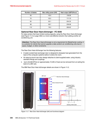 7954 Environmental reqts.fm Draft Document for Review July 15, 2011 7:16 am
336 IBM zEnterprise 114 Technical Guide
Optional Rear Door Heat eXchanger - FC 0540
For data centers that have limited cooling capacity, using the Rear Door Heat eXchanger
(see Figure 11-2 on page 336) is a more cost-effective solution than adding another air
conditioning unit.
The Rear Door Heat eXchanger has the following features:
A water-cooled heat exchanger door is designed to dissipate heat generated from the
back of the computer systems before it enters the room.
An easy-to-mount rear door design attaches to client-supplied water, using industry
standard fittings and couplings.
Up to 50,000 BTUs (or approximately 15 kW) of heat can be removed from air exiting the
back of a zBX rack.
The IBM Rear Door Heat eXchanger details are shown in Figure 11-2.
Figure 11-2 Rear Door Heat eXchanger (left) and functional diagram
56 40.9 139.06
70 50.5 171.70
84 60.1 204.34
98 69.7 236.98
112 79.3 269.62
Attention: The Rear Door Heat eXchanger is not a requirement for BladeCenter cooling. It
is a solution for clients that cannot upgrade a data center’s air conditioning units due to
space, budget, or other constraints.
Number of blades Max utility power (kW) Heat output (kBTU/hour)
zBX rack
Building chilled water
Real Door Heat eXchanger
Cold air leaves the rack
Computer Room
Water Conditioner
(CRWC)
CL
Heatrise
Heatrise
 
