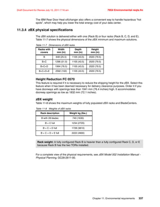 Chapter 11. Environmental requirements 337
Draft Document for Review July 15, 2011 7:16 am 7954 Environmental reqts.fm
The IBM Rear Door Heat eXchanger also offers a convenient way to handle hazardous “hot
spots”, which may help you lower the total energy cost of your data center.
11.3.4 zBX physical specifications
The zBX solution is delivered either with one (Rack B) or four racks (Rack B, C, D, and E).
Table 11-7 shows the physical dimensions of the zBX minimum and maximum solutions.
Table 11-7 Dimensions of zBX racks
Height Reduction FC 0570
This feature is required if it is necessary to reduce the shipping height for the zBX. Select this
feature when it has been deemed necessary for delivery clearance purposes. Order it if you
have doorways with openings less than 1941 mm (76.4 inches) high. It accommodates
doorway openings as low as 1832 mm (72.1 inches).
zBX weight
Table 11-8 shows the maximum weights of fully populated zBX racks and BladeCenters.
Table 11-8 Weights of zBX racks
For a complete view of the physical requirements, see zBX Model 002 Installation Manual -
Physical Planning, GC28-2611-00.
Racks with
covers
Width
mm (in)
Depth
mm (in)
Height
mm (in)
B 648 (25.5) 1105 (43.5) 2020 (79.5)
B+C 1296 (51.0) 1105 (43.5) 2020 (79.5)
B+C+D 1994 (76.5) 1105 (43.5) 2020 (79.5)
B+C+D+E 2592 (102) 1105 (43.5) 2020 (79.5)
Rack description Weight kg (lbs.)
B with 28 blades 740 (1630)
B + C full 1234 (2720)
B + C + D full 1728 (3810)
B + C + D + E full 2222 (4900)
Rack weight: A fully configured Rack B is heavier than a fully configured Rack C, D, or E
because Rack B has the two TORs installed.
 