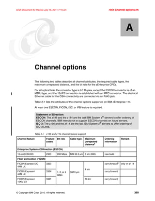 © Copyright IBM Corp. 2010. All rights reserved. 369
Draft Document for Review July 15, 2011 7:16 am 7954 Channel options.fm
Appendix A. Channel options
The following two tables describe all channel attributes, the required cable types, the
maximum unrepeated distance, and the bit rate for the zEnterprise CPCs.
For all optical links the connector type is LC Duplex, except the ESCON connector is of an
MTRJ type, and the 12xIFB connection is established with an MPO connector. The electrical
Ethernet cable for the OSA connectivity are connected via an RJ45 jack.
Table A-1 lists the attributes of the channel options supported on IBM zEnterprise 114.
At least one ESCON, FICON, ISC, or IFB feature is required.
Table A-1 z196 and z114 channel feature support
A
Statement of Direction:
ESCON: The z196 and the z114 are the last IBM System z®
servers to offer ordering of
ESCON channels. IBM intends not to support ESCON channels on future servers.
ISC-3: The z196 and the z114 are the last IBM System z®
servers to offer ordering of
ISC-3 Links.
Channel feature Feature
codes
Bit rate Cable type Maximum
unrepeated
distancea
Ordering
information
Remark
Enterprise Systems CONnection (ESCON)
16-port ESCON 2323 200 Mbps MM 62.5 µm 3 km (800) new build
Fiber Connection (FICON)
FICON Express4-2C
4KM LX
3323
1, 2, or 4
Gbps
SM 9 µm
4 km
carryforwardb only on z114
FICON Express4
4KM LX
3324 carry forward
FICON Express4
10KM LX
3321 10 km carry forward
 