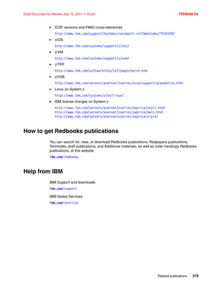 Related publications 379
Draft Document for Review July 15, 2011 7:16 am 7954bibl.fm
ICSF versions and FMID cross-references
http://www.ibm.com/support/techdocs/atsmastr.nsf/WebIndex/TD103782
z/OS
http://www.ibm.com/systems/support/z/zos/
z/VM
http://www.ibm.com/systems/support/z/zvm/
z/TPF
http://www.ibm.com/software/htp/tpf/pages/maint.htm
z/VSE
http://www.ibm.com/servers/eserver/zseries/zvse/support/preventive.html
Linux on System z
http://www.ibm.com/systems/z/os/linux/
IBM license charges on System z
http://www.ibm.com/servers/eserver/zseries/swprice/znalc.html
http://www.ibm.com/servers/eserver/zseries/swprice/mwlc.html
http://www.ibm.com/servers/eserver/zseries/swprice/zipla/
How to get Redbooks publications
You can search for, view, or download Redbooks publications, Redpapers publications,
Technotes, draft publications, and Additional materials, as well as order hardcopy Redbooks
publications, at this website:
ibm.com/redbooks
Help from IBM
IBM Support and downloads
ibm.com/support
IBM Global Services
ibm.com/services
 